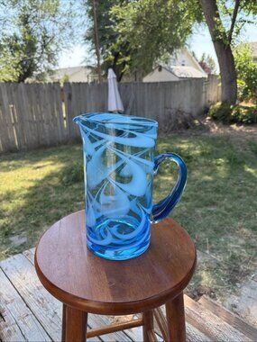 Hand-Blown Blue and White Swirl Pattern Glass Pitcher - Mexico